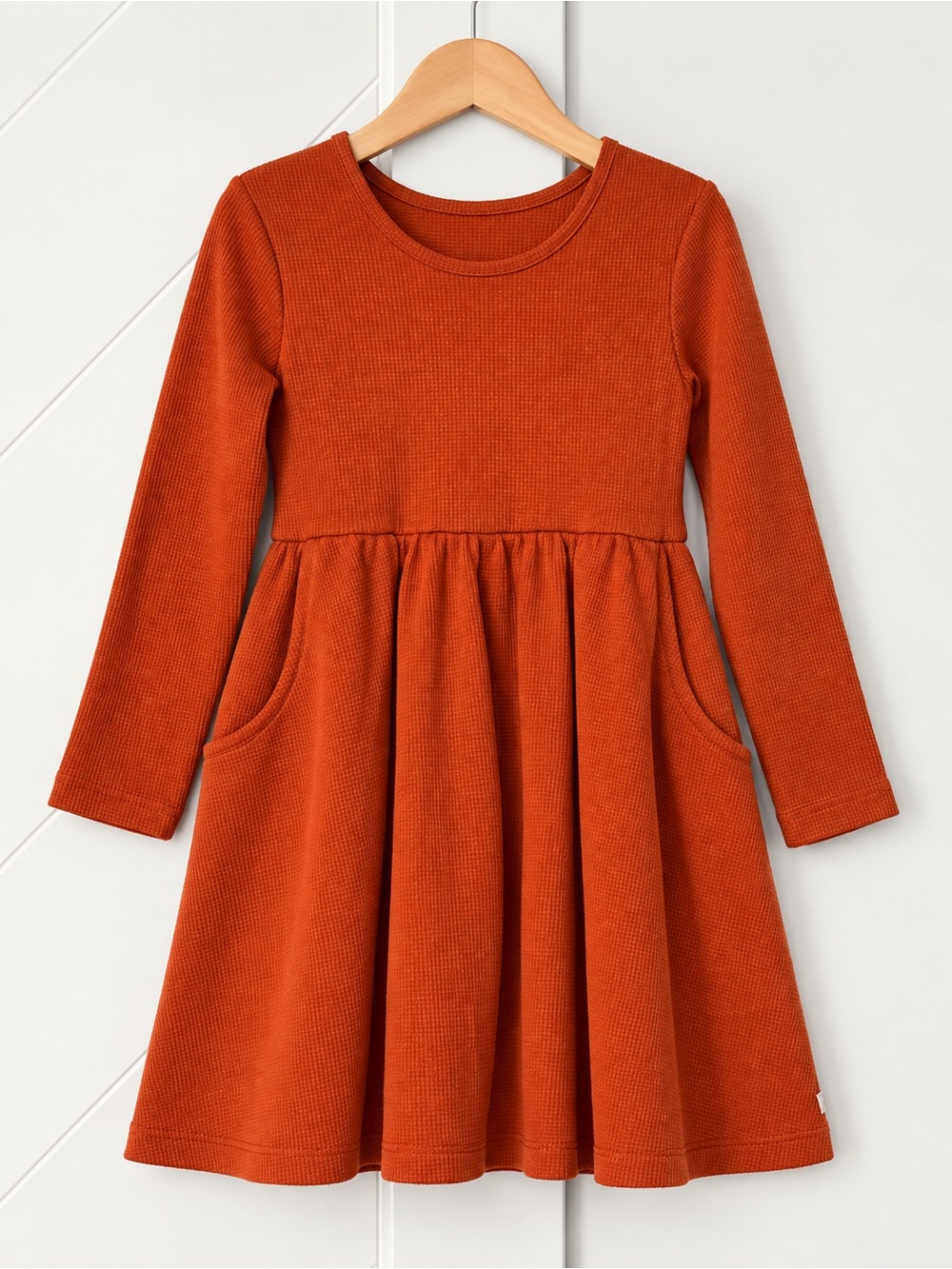 RuffleButts Girls Size 5 Rust Orange Waffle Knit Bow Dress Pockets